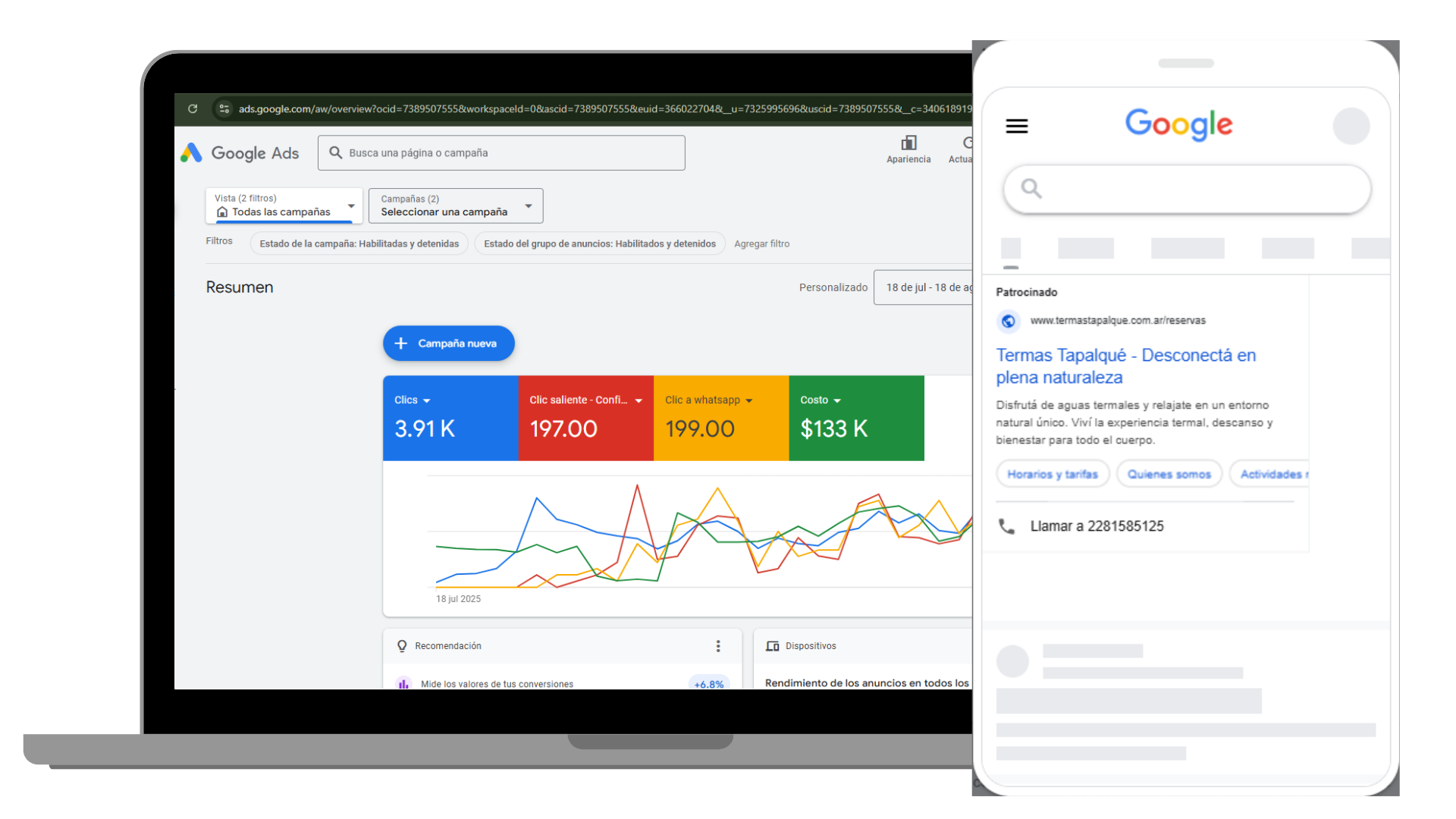 Caso de éxito de reddor: resultados de Termas Tapalqué en google Ads